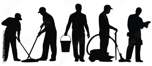Fototapeta Cleaning Crew in Action: Silhouetted against a pristine backdrop, a dedicated cleaning crew demonstrates a variety of tasks, highlighting the essential role of cleanliness and sanitation.