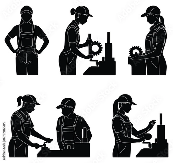 Fototapeta Precision and Skill: A silhouetted depiction of skilled worker, meticulously engaged in mechanical tasks, with gears and tools at their disposal.