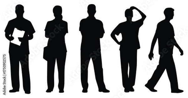 Fototapeta Silhouette of Individuals: The silhouette of five diverse individuals captures a variety of poses, reflecting different activities and moods against an undetailed backdrop. 