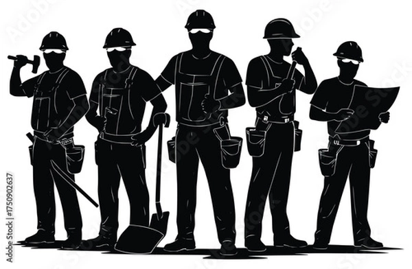 Fototapeta Construction Crew Silhouette: A cohesive silhouette of a construction crew ready for work, standing tall, emphasizing teamwork and skilled craftsmanship.