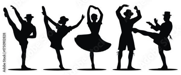 Fototapeta Dancing Silhouettes: Five dancers showcase grace and energy through dynamic poses, their silhouettes against a clean backdrop, emphasizing fluidity and expression.