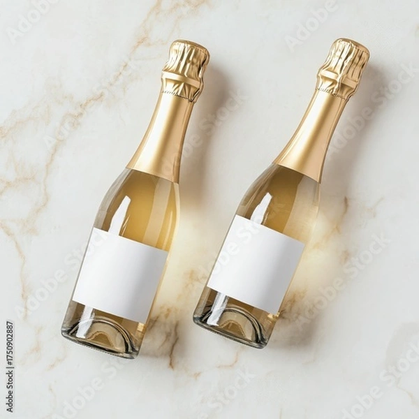 Fototapeta Minimalist mockup with two champagne mini bottles and blank labels on plain background. Top view.