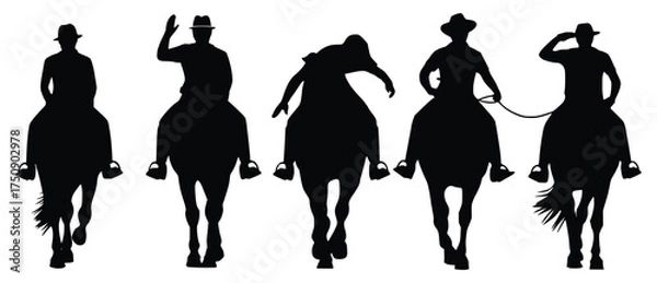 Fototapeta Silhouette Riders: A captivating silhouette captures the dynamic spirit of horse riding, showcasing riders and their horses against a clean backdrop in striking contrast.