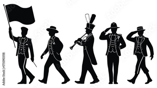 Fototapeta Marching Band Silhouette: Silhouetted figures in a marching band parade. A vivid representation of music, rhythm, and unison. Perfect for adding a touch of classic elegance to any project.