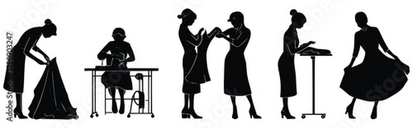 Fototapeta Silhouette of Couture Craftsmanship: Elegant silhouettes depict skilled seamstresses meticulously engaged in the art of haute couture, showcasing each step of the creation process.