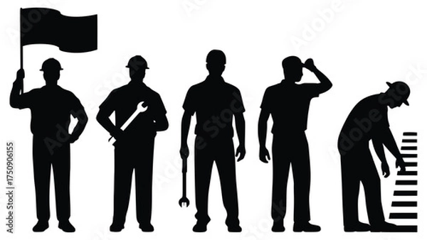 Fototapeta Silhouette of Labor: Dynamic silhouettes of dedicated workers symbolize industry, unity, and the vital role of labor. They each embody a unique element of a hard day's work