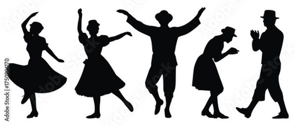 Fototapeta Silhouettes in Rhythm: A dynamic silhouette composition of dancers in motion. Their forms convey energy and grace, captured in an evocative display of the art of dance.