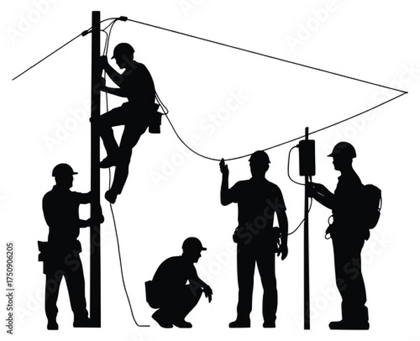 Fototapeta Silhouette of Technicians at Work: Silhouette captures the intensity of technicians at work, climbing poles and checking wires, depicting the industry of infrastructure maintenance.