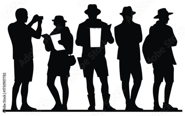 Fototapeta Shadowed Travelers' Silhouette: A group of travelers stand in silhouette, their forms hinting at exploration, observation, and the spirit of discovery.