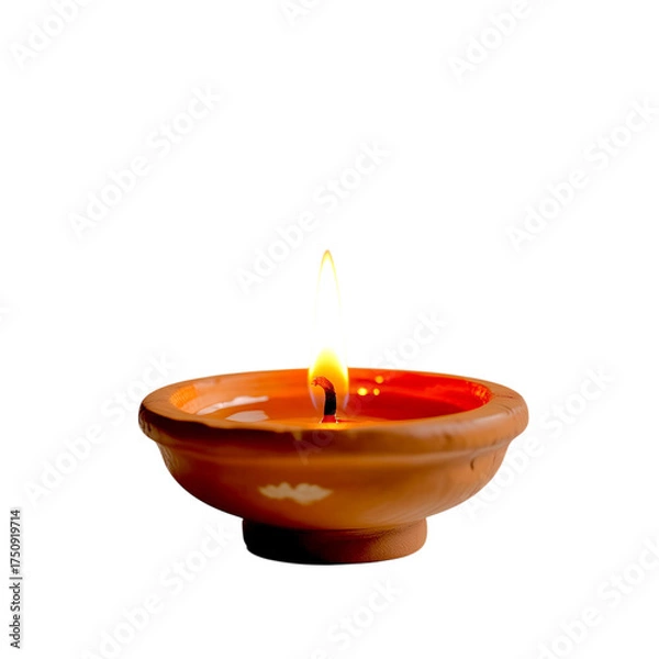 Fototapeta Traditional Clay Diya with Bright Flame on White Background — Ideal for Diwali, Spiritual, and Cultural Design Themes