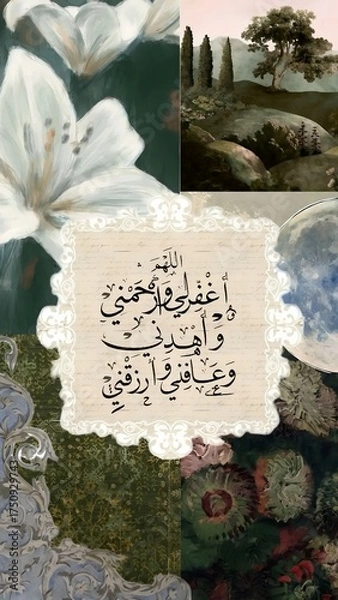 Fototapeta A serene art collage featuring an Islamic prayer for forgiveness and sustenance in elegant Arabic calligraphy, blended with painted florals and a peaceful landscape.
 Generative Ai.