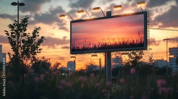 Fototapeta Billboard displays sunset cityscape at dusk with dramatic clouds