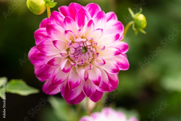 Obraz Pink and white dahlia flower with buds green garden background horizontal macro