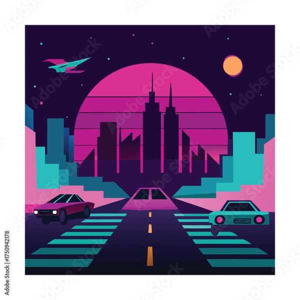 Fototapeta Retro Cityscape with Cars and Spaceship at Sunset automobile