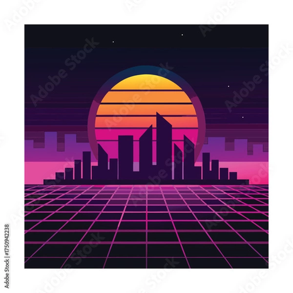 Fototapeta Retro Futuristic Cityscape at Sunset with Grid Horizon