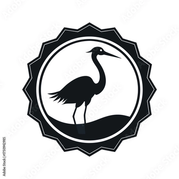 Fototapeta Silhouette of a Heron in a Circular Emblem Keywords: heron, bird, silhouette, emblem, logo, icon