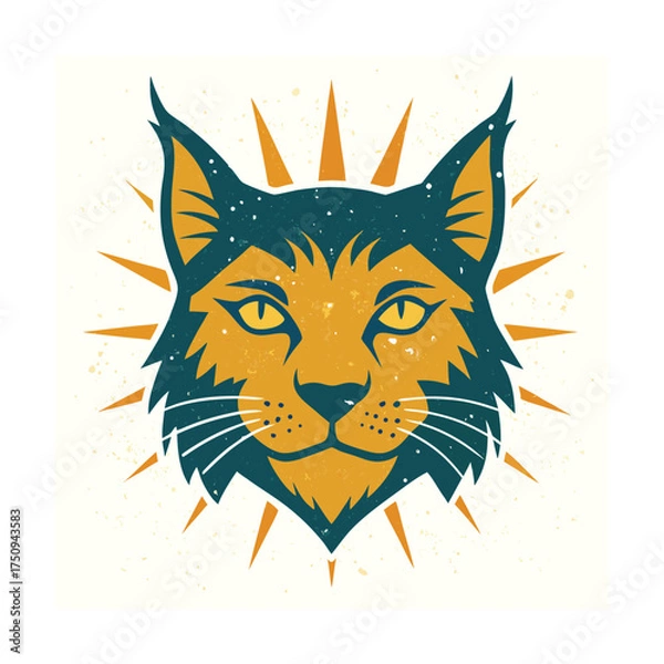 Fototapeta Stylized bobcat head with sunburst effect feline animal