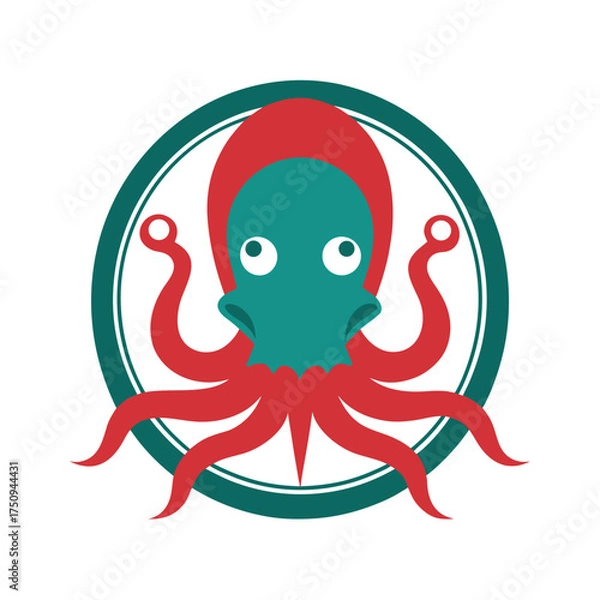Fototapeta Stylized red octopus with teal face in a circle Keywords: octopus, cephalopod, marine life, sea