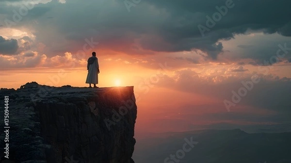 Fototapeta Dramatic sunset over mountain landscape with figure standing at edge, evoking contemplation and spiritual journey