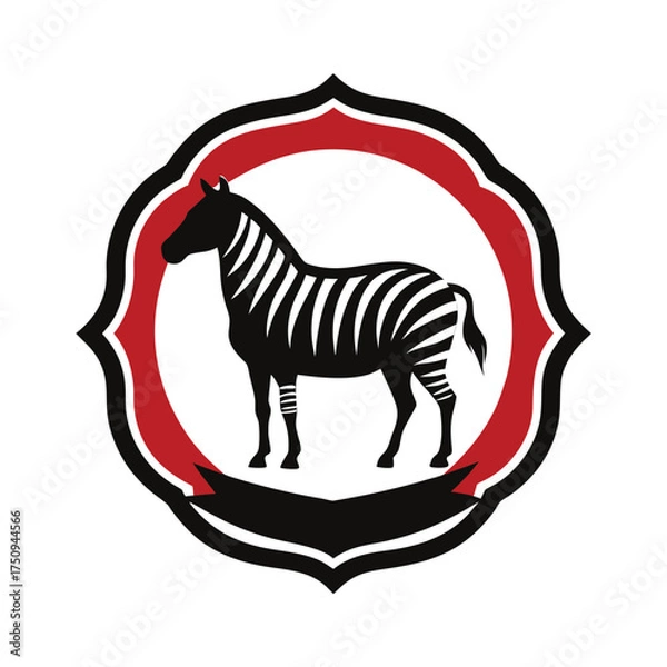 Fototapeta Stylized Zebra Emblem with Red and Black Border Keywords: zebra, animal, emblem, logo, icon