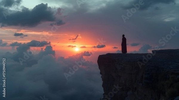 Fototapeta Dramatic sunset over clouds with solitary figure on cliff edge, evoking peace, contemplation, and spiritual journey