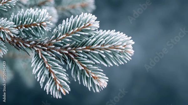Fototapeta Beautiful frozen fir branch covered in frost on cold winter morning. tranquil closeup of pine needle provides serene nature background with copy space for text