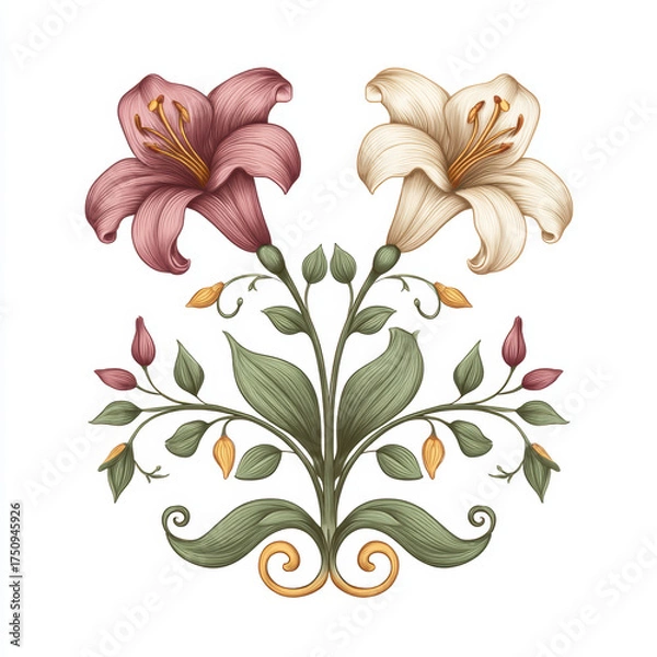 Fototapeta Elegant vintage botanical illustration of pink and cream lily flower decoration with graceful, symmetrical design and green leaf, isolated on white background