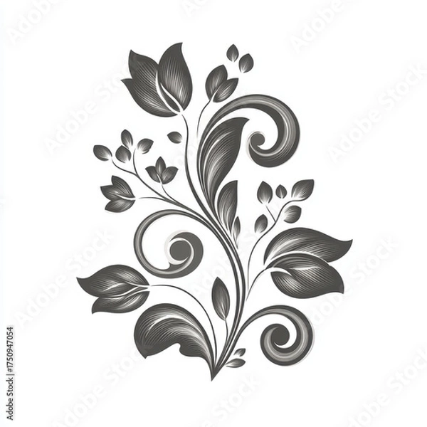 Fototapeta Elegant black and white floral ornament decoration with graceful swirl and scroll design. This classic vintage illustration evokes feeling of timeless beauty and sophistication