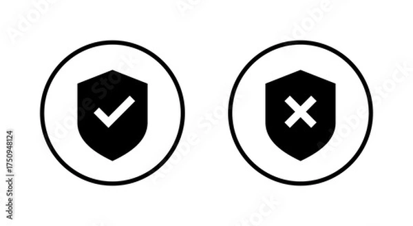 Fototapeta Shield protection with tick and cross icon. Security approve and reject symbol in circular outline