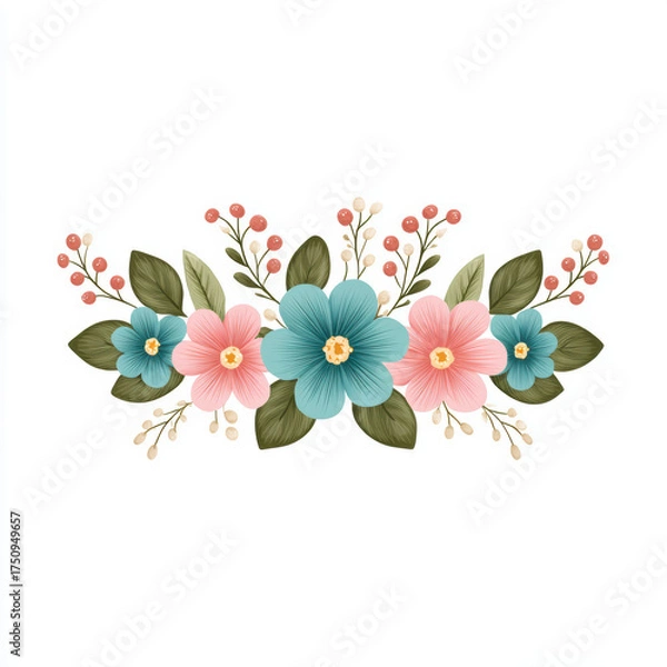 Fototapeta Gentle floral illustration of beautiful flower arrangement. Botanical watercolor art with pink and blue blossom, leaf, and berry on an isolated white background for design