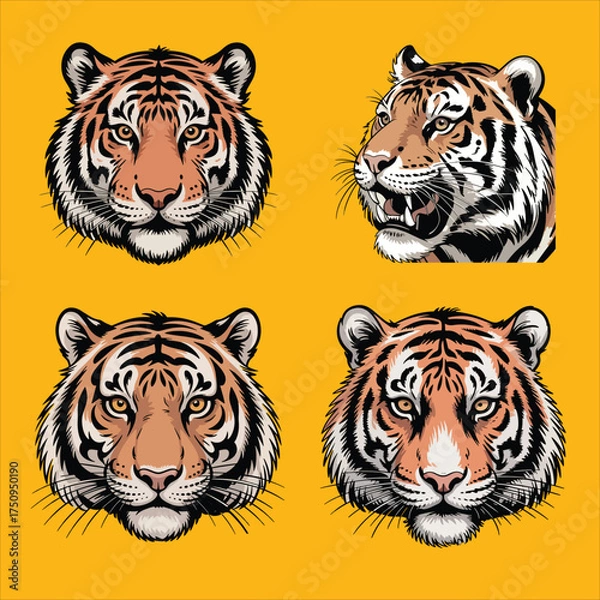 Obraz Tiger Head Quartet – Bold Vector Wildlife Illustration on Yellow