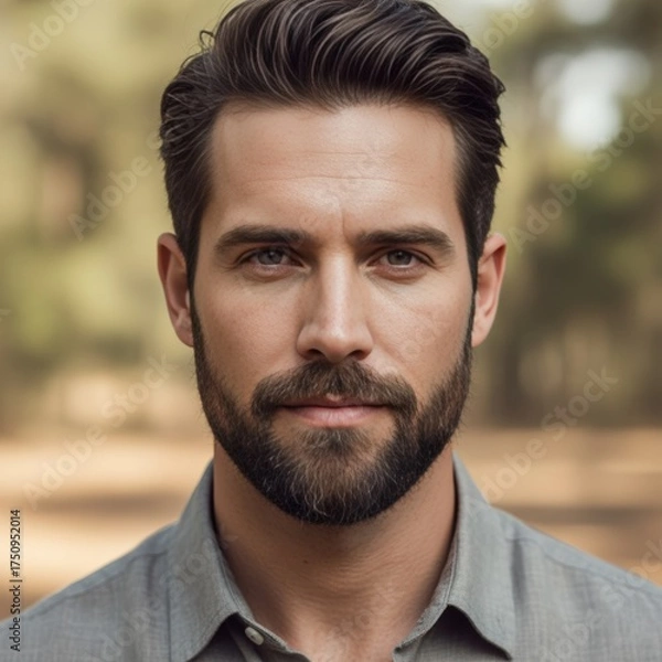 Obraz Outdoor Portrait of Bearded Man in Gray Shirt with Natural Forest Background and Soft Light