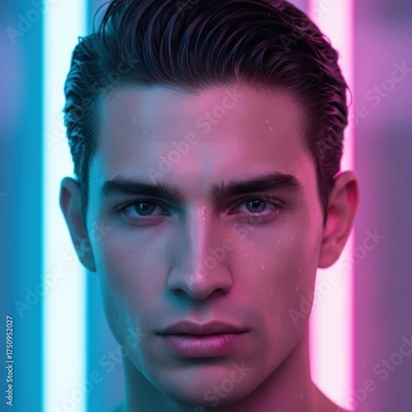Obraz Close Up Portrait of Man with Neon Blue and Pink Lighting and Dewy Skin Texture