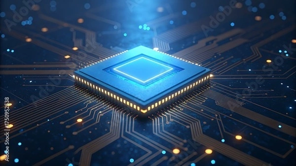Fototapeta Futuristic glowing blue computer processor chip on a circuit board