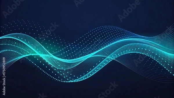 Fototapeta Abstract flowing wave of glowing blue and green particles on dark background