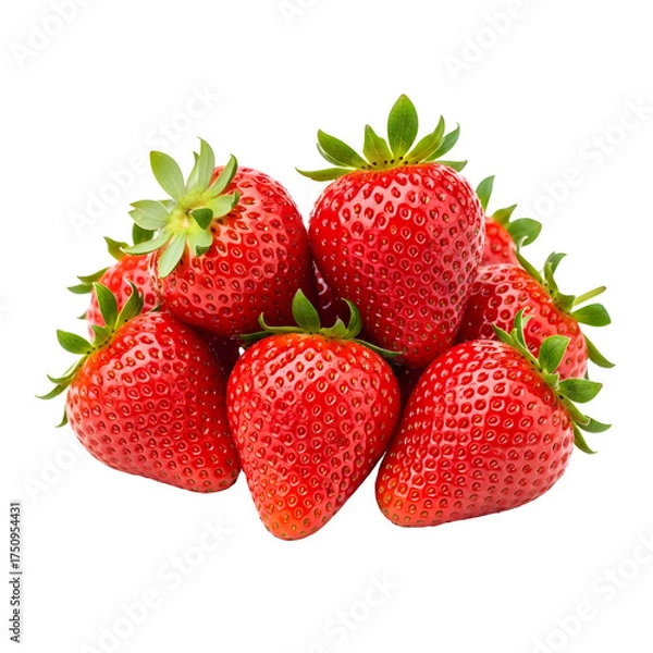 Fototapeta Pile of Fresh Ripe Red Strawberries with Green Leaves on White Background Keywords: strawberries, fruit, red, fresh, ripe, sweet