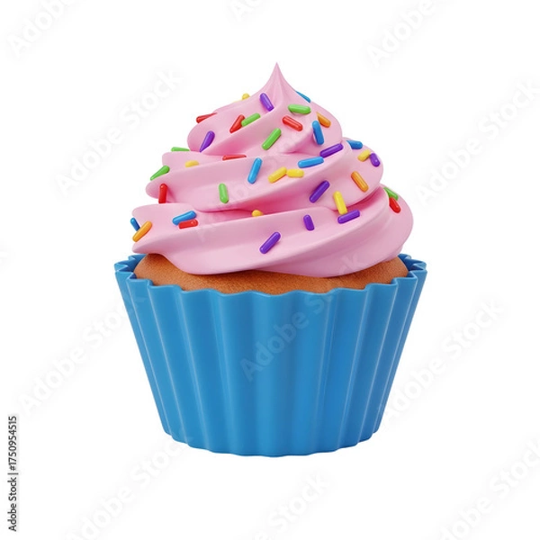 Fototapeta Pink Frosted Cupcake with Colorful Sprinkles in Blue Wrapper on Black Background dessert