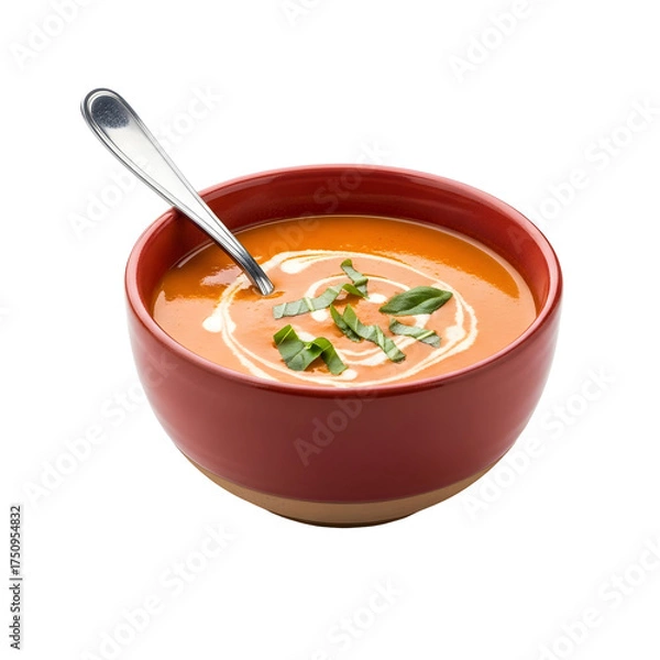 Fototapeta Red Bowl of Tomato Soup with Cream Swirl and Basil Garnish red soup creamy