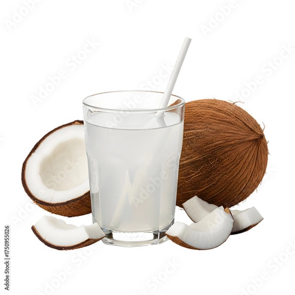 Fototapeta Refreshing Coconut Water Drink With Whole and Halved Coconuts beverage tropical