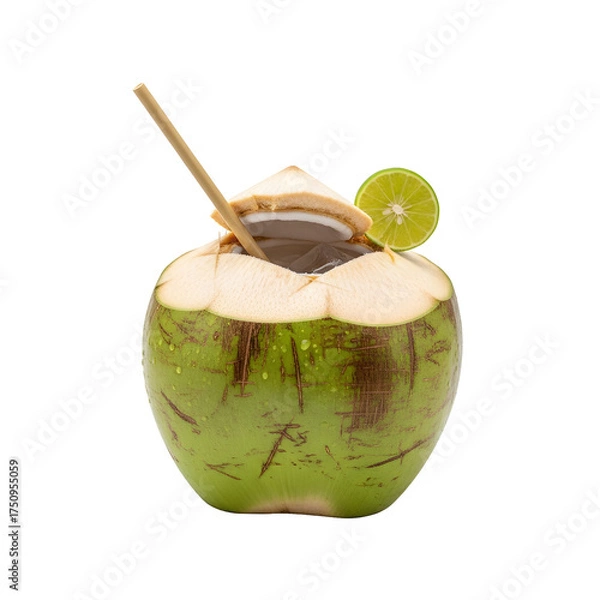 Fototapeta Refreshing Green Coconut Drink with Lime Slice and Straw on Black beverage