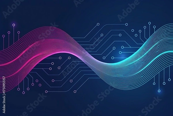 Fototapeta Abstract digital waveform with circuit board patterns and neon colors