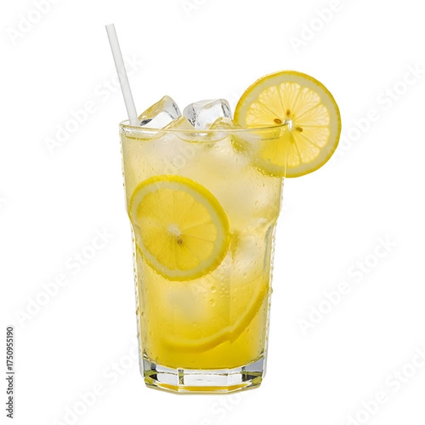 Fototapeta Refreshing Lemonade with Ice Cubes, Lemon Slices, and Straw in a Tall Glass on Black Background