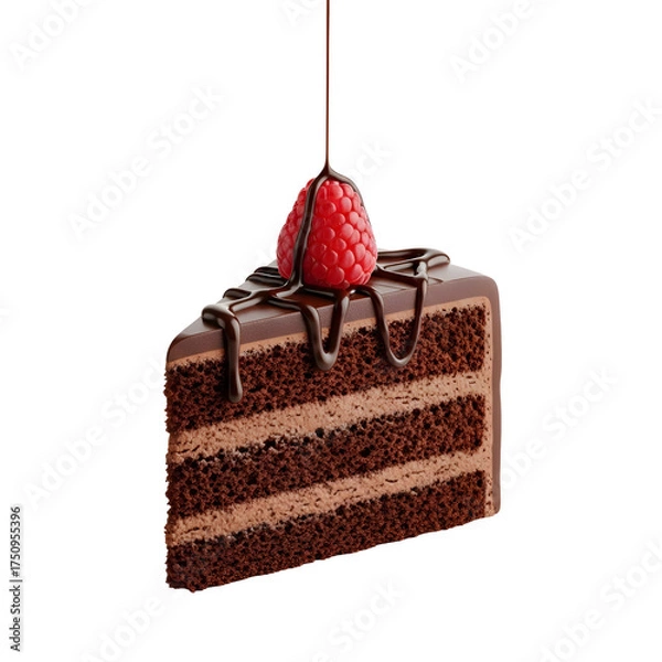 Fototapeta Rich Chocolate Cake Slice with Raspberry and Drizzled Chocolate Sauce dessert sweet