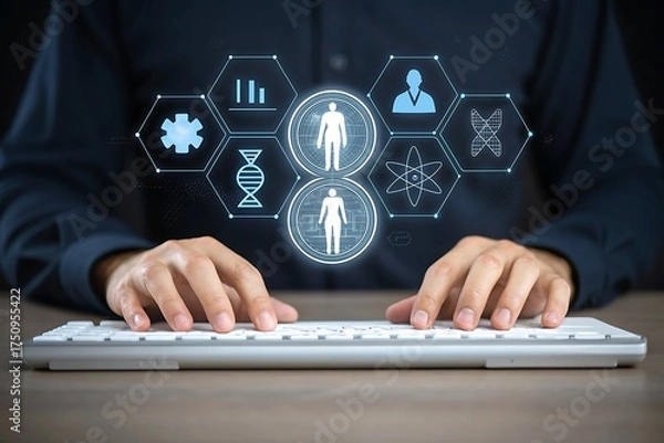 Fototapeta Hands typing on keyboard with futuristic medical technology interface