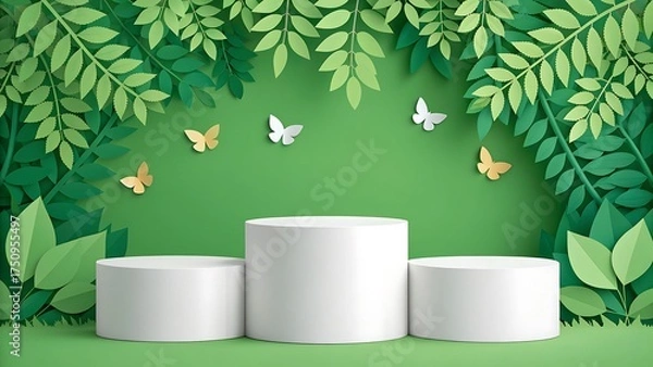 Fototapeta Three white podiums on a green background with leaves and butterflies
