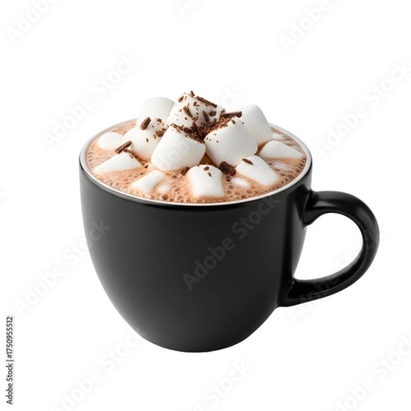 Fototapeta Rich Hot Chocolate in Black Mug Topped with Marshmallows and Chocolate Shavings cocoa