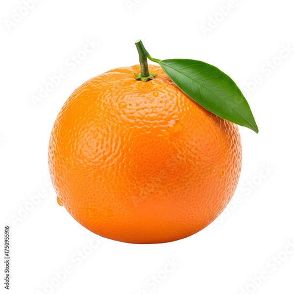 Fototapeta Ripe Orange with Green Leaf and Water Droplets on Black Background Keywords: orange, citrus fruit, ripe, fresh, green leaf, water