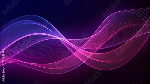Fototapeta Abstract flowing wave of pink and purple light particles on dark background