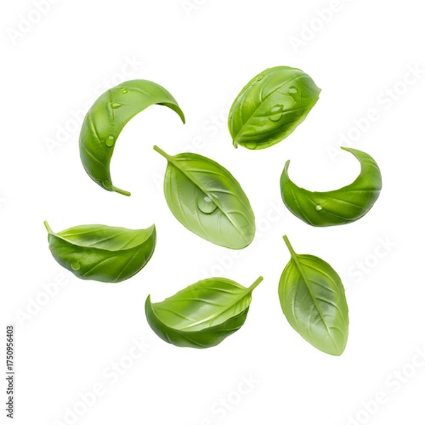 Fototapeta Scattered fresh green basil leaves with water droplets on a black background herb