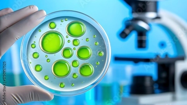 Fototapeta Scientist holding petri dish with green bacterial colonies and microscope in background